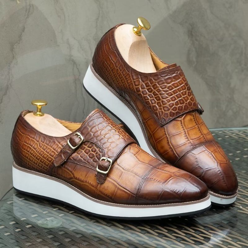 Sapatos Formais Masculinos Com Textura Crocodilo Requintada Monkstraps - Café