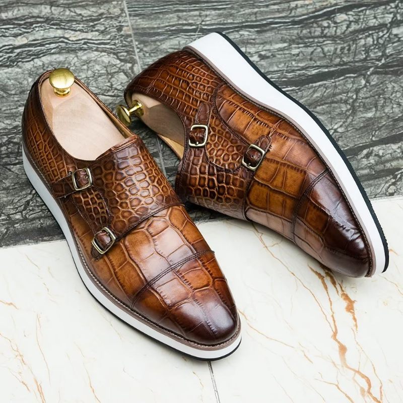 Sapatos Formais Masculinos Com Textura Crocodilo Requintada Monkstraps - Café