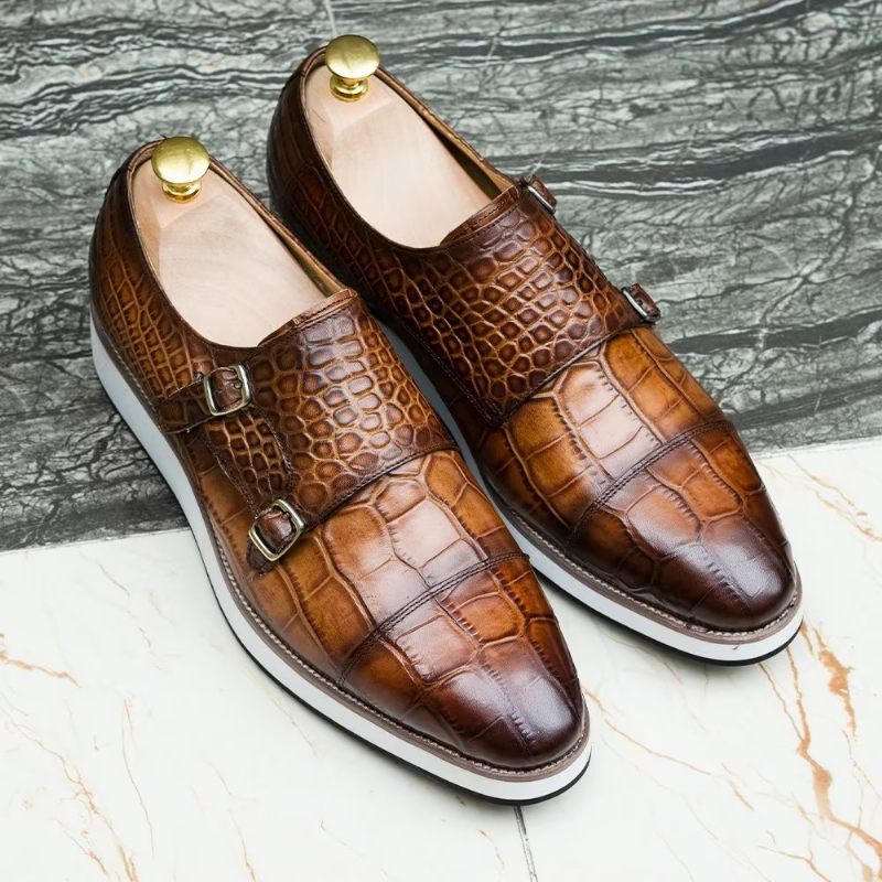 Sapatos Formais Masculinos Com Textura Crocodilo Requintada Monkstraps - Café