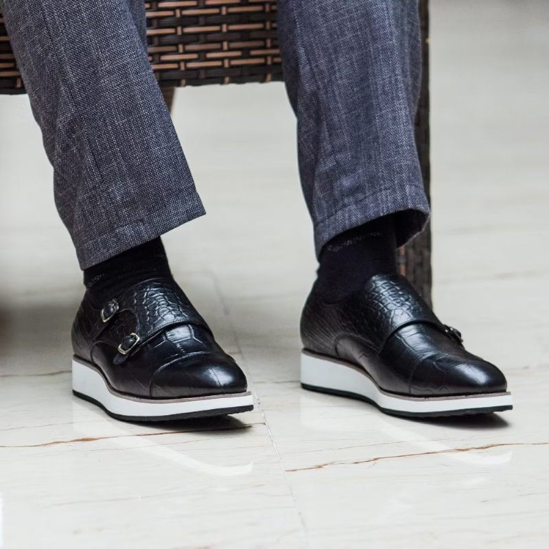 Sapatos Formais Masculinos Com Textura Crocodilo Requintada Monkstraps - Preto