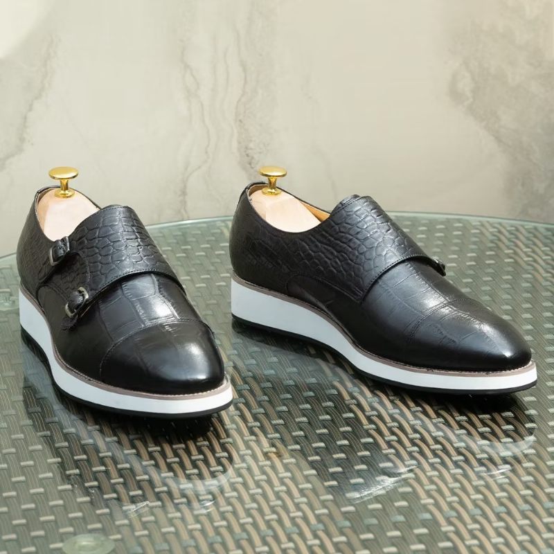 Sapatos Formais Masculinos Com Textura Crocodilo Requintada Monkstraps - Preto