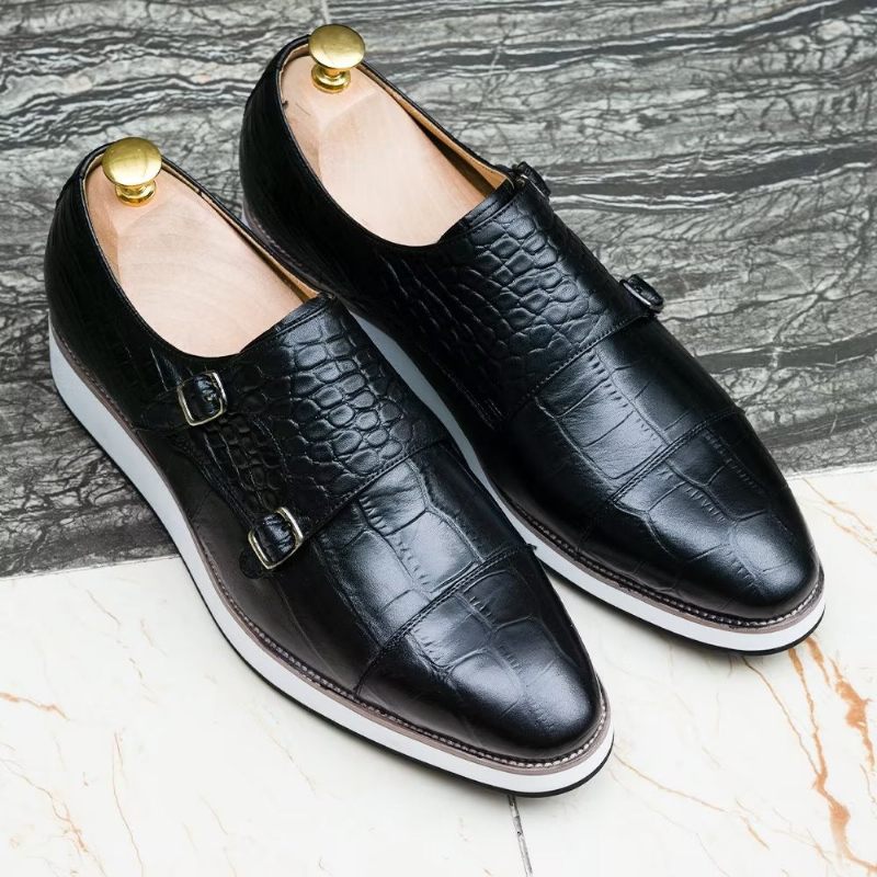 Sapatos Formais Masculinos Com Textura Crocodilo Requintada Monkstraps - Preto