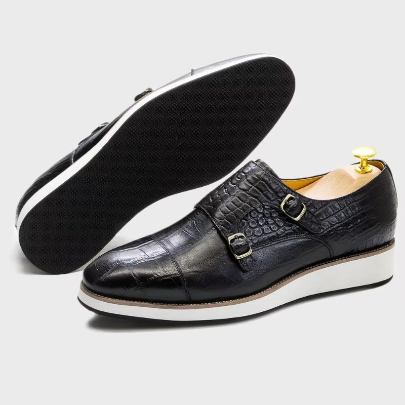 Sapatos Formais Masculinos Com Textura Crocodilo Requintada Monkstraps - Preto