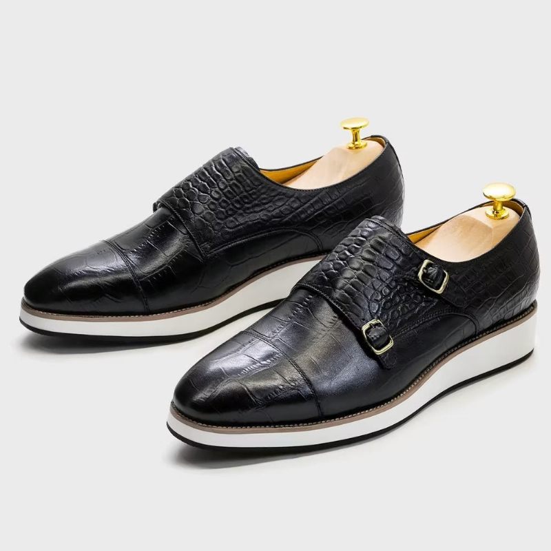 Sapatos Formais Masculinos Com Textura Crocodilo Requintada Monkstraps - Preto