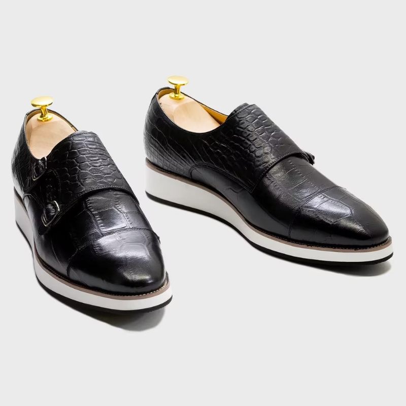 Sapatos Formais Masculinos Com Textura Crocodilo Requintada Monkstraps - Preto