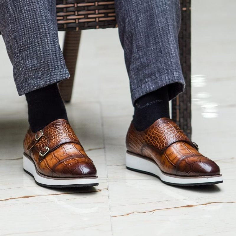 Sapatos Formais Masculinos Com Textura Crocodilo Requintada Monkstraps - Café