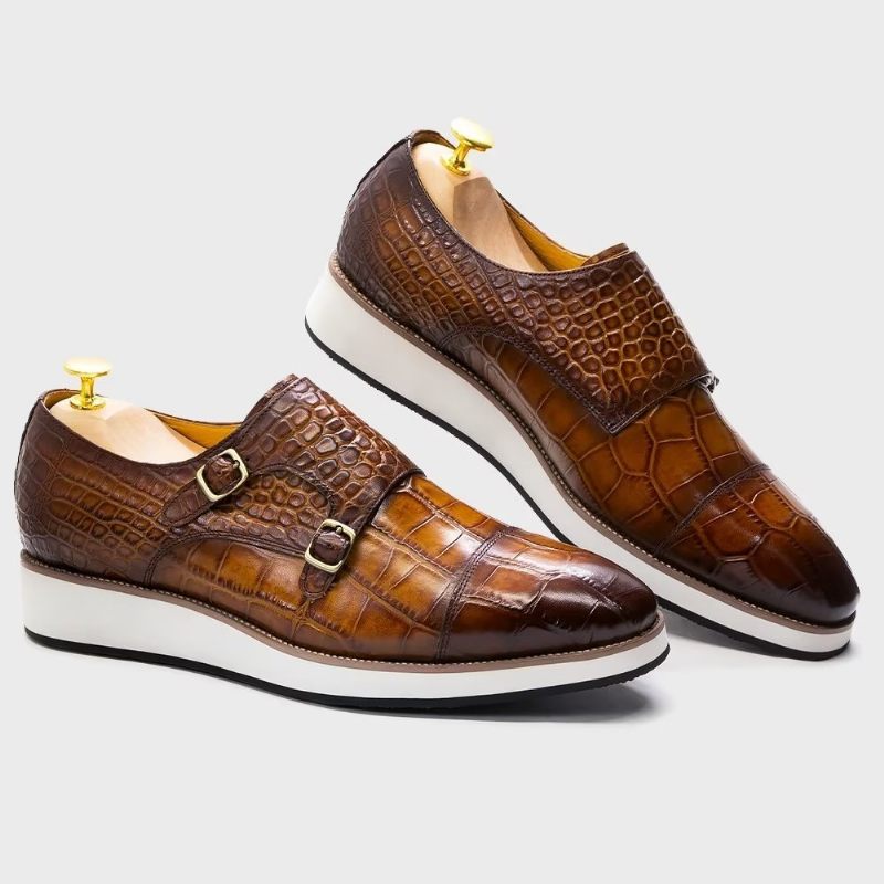 Sapatos Formais Masculinos Com Textura Crocodilo Requintada Monkstraps - Café