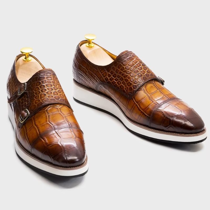 Sapatos Formais Masculinos Com Textura Crocodilo Requintada Monkstraps - Café