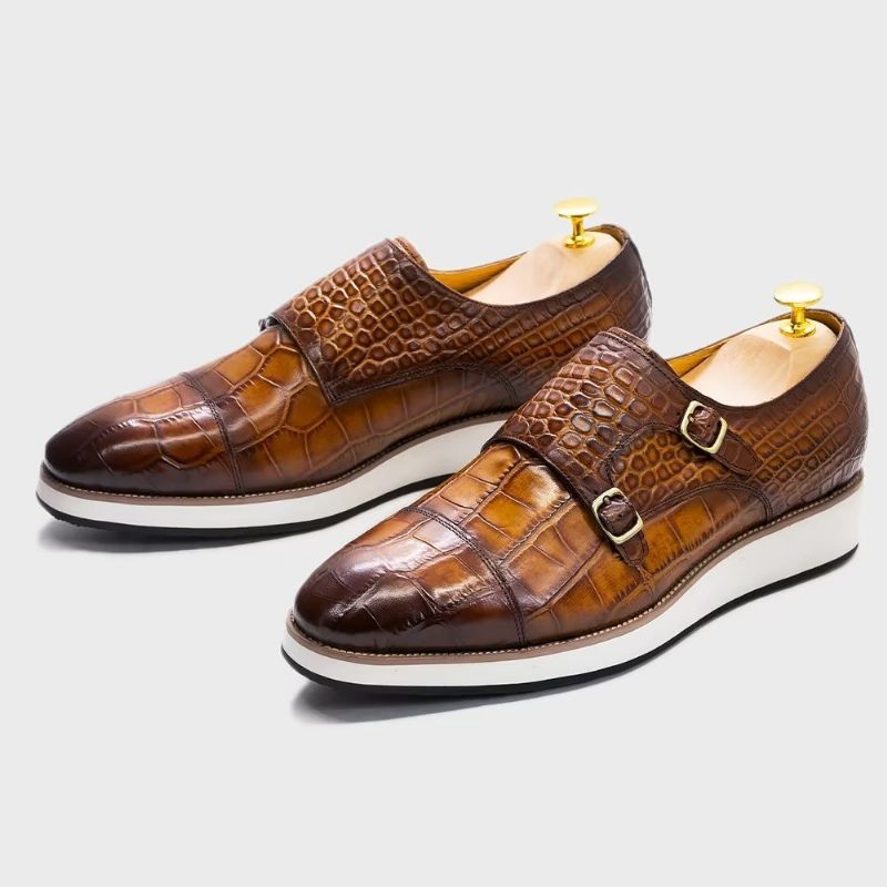 Sapatos Formais Masculinos Com Textura Crocodilo Requintada Monkstraps - Café