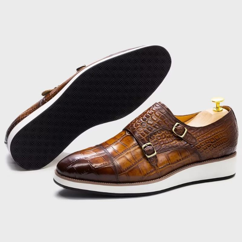 Sapatos Formais Masculinos Com Textura Crocodilo Requintada Monkstraps - Café