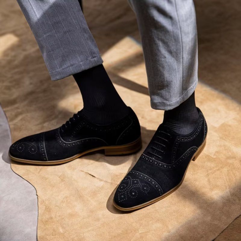 Sapatos Formais Masculinos Com Textura Elegante Vestido Cadarço Brogues - Preto