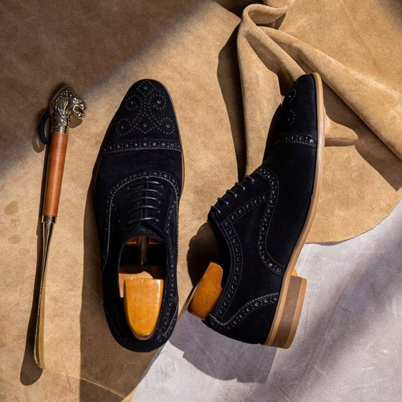 Sapatos Formais Masculinos Com Textura Elegante Vestido Cadarço Brogues - Preto