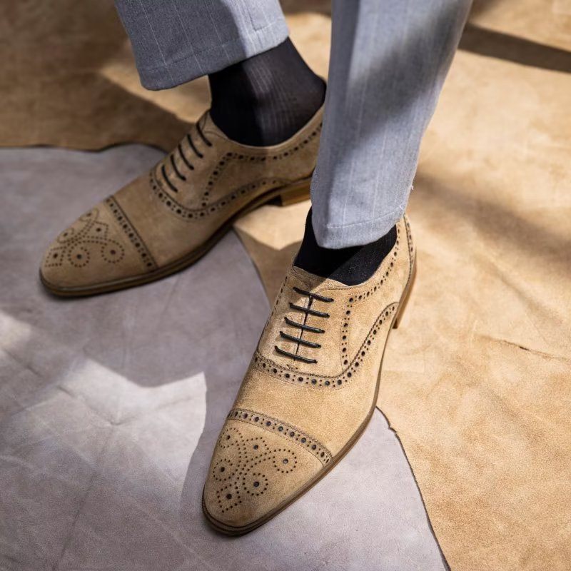 Sapatos Formais Masculinos Com Textura Elegante Vestido Cadarço Brogues - Bege