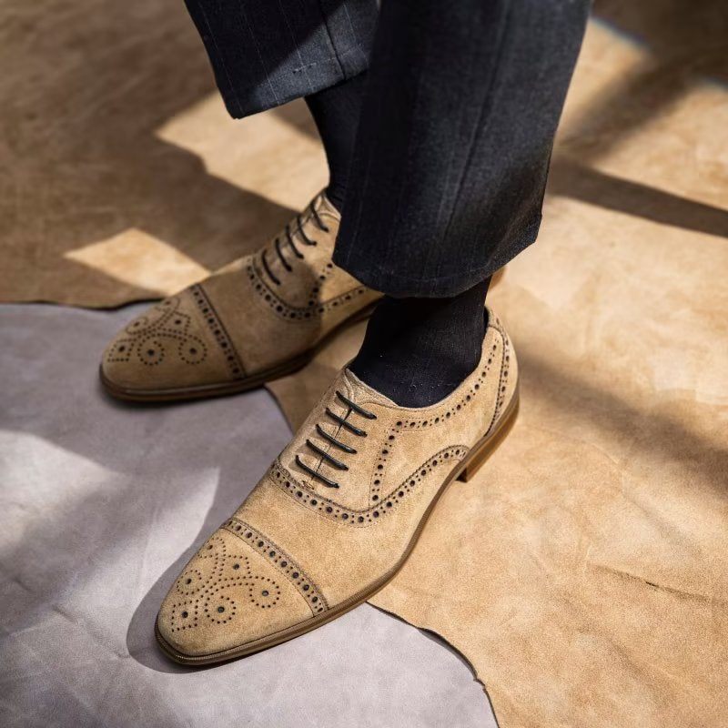 Sapatos Formais Masculinos Com Textura Elegante Vestido Cadarço Brogues - Bege