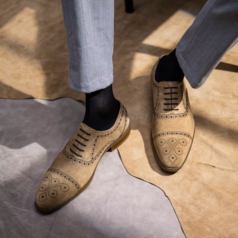 Sapatos Formais Masculinos Com Textura Elegante Vestido Cadarço Brogues - Bege