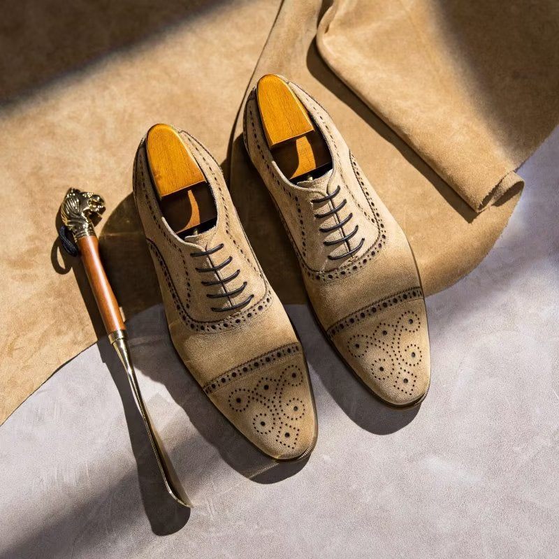 Sapatos Formais Masculinos Com Textura Elegante Vestido Cadarço Brogues - Bege