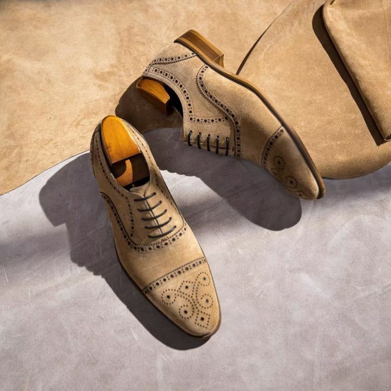 Sapatos Formais Masculinos Com Textura Elegante Vestido Cadarço Brogues - Bege