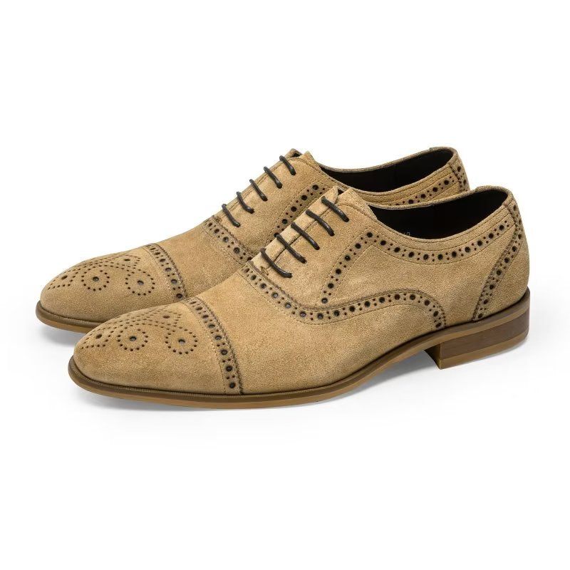 Sapatos Formais Masculinos Com Textura Elegante Vestido Cadarço Brogues - Bege