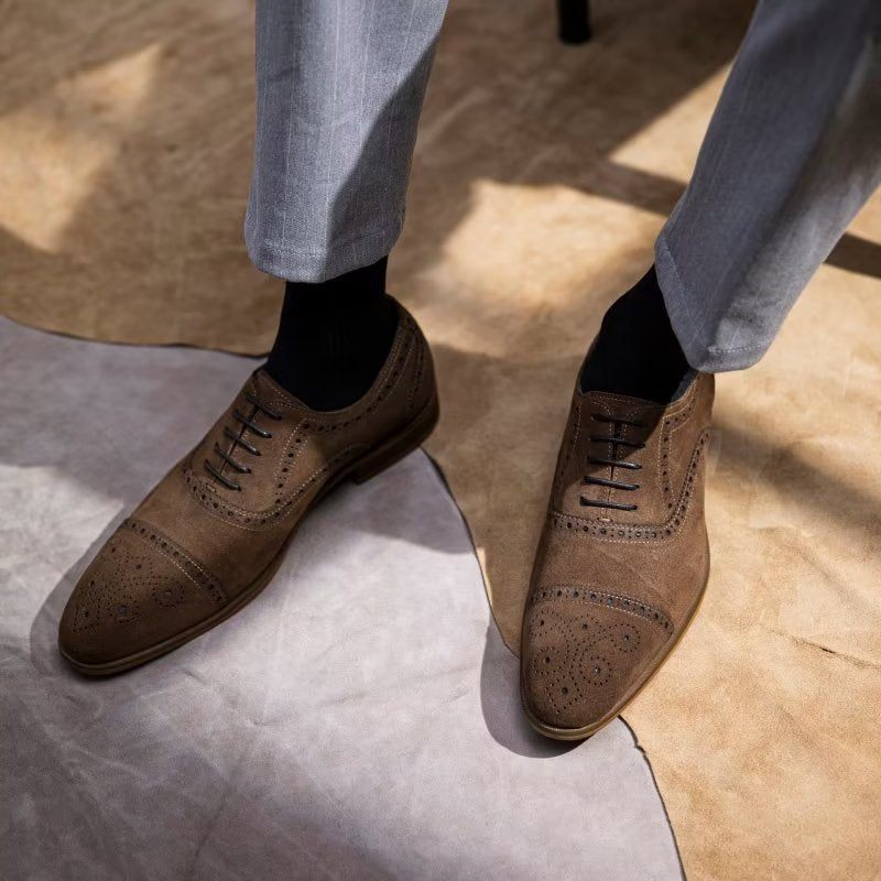 Sapatos Formais Masculinos Com Textura Elegante Vestido Cadarço Brogues - Café