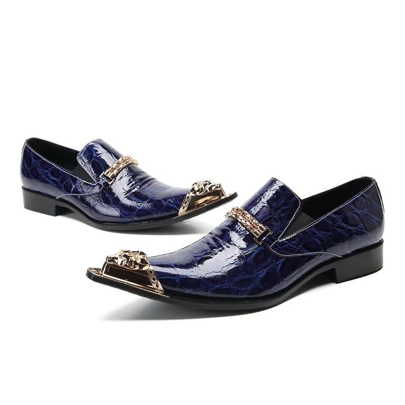 Sapatos Formais Masculinos Com Textura Exótica Chique Slip On Sociais - Azul