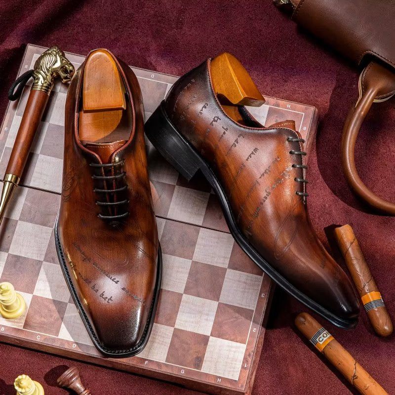 Sapatos Formais Masculinos Com Textura Exótica Oxford - Café