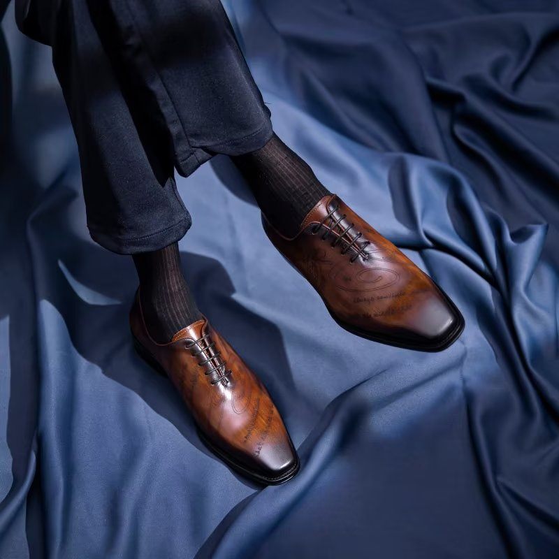 Sapatos Formais Masculinos Com Textura Exótica Oxford - Café