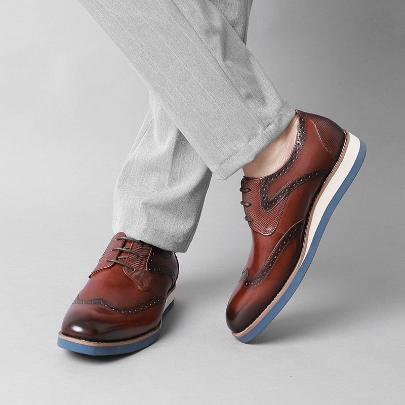 Sapatos Formais Masculinos Com Textura Exótica Wingtip Oxford Casuais - Café