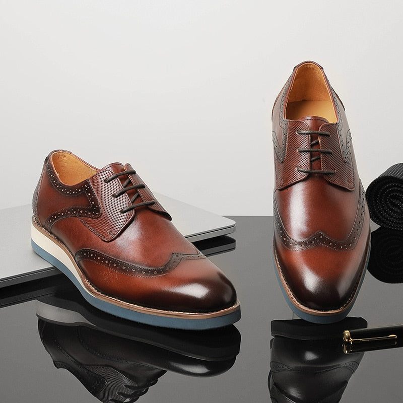 Sapatos Formais Masculinos Com Textura Exótica Wingtip Oxford Casuais - Café