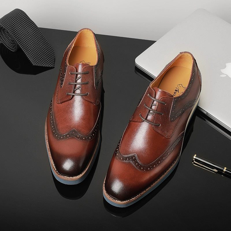 Sapatos Formais Masculinos Com Textura Exótica Wingtip Oxford Casuais - Café