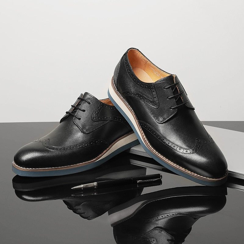 Sapatos Formais Masculinos Com Textura Exótica Wingtip Oxford Casuais - Preto