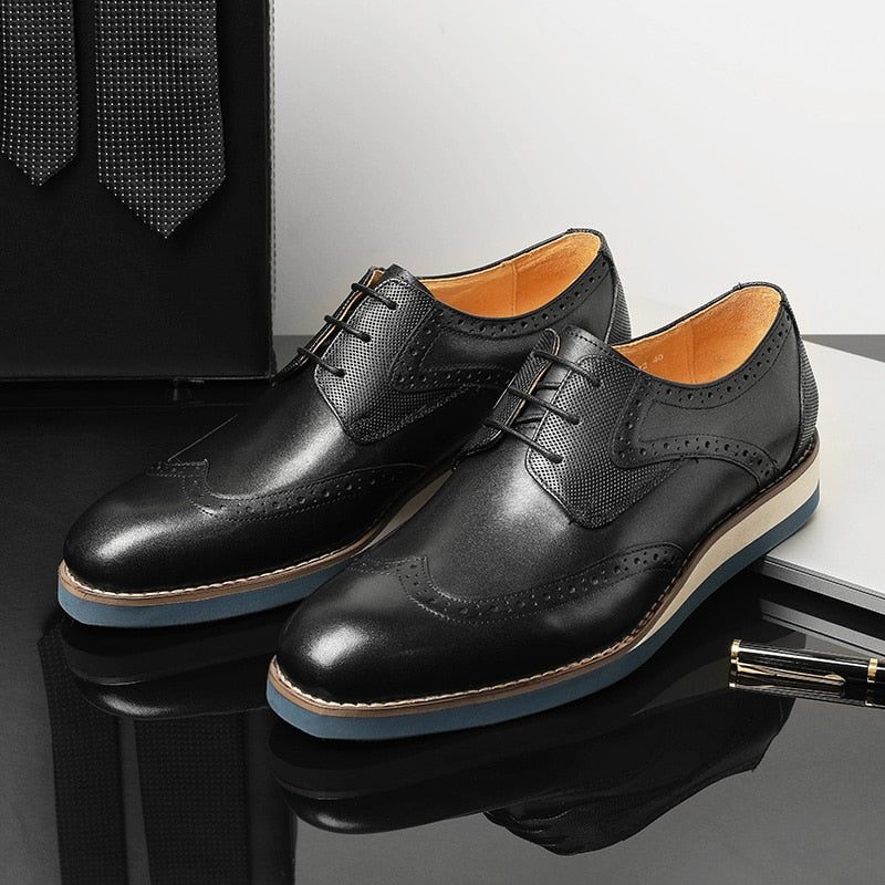 Sapatos Formais Masculinos Com Textura Exótica Wingtip Oxford Casuais - Preto