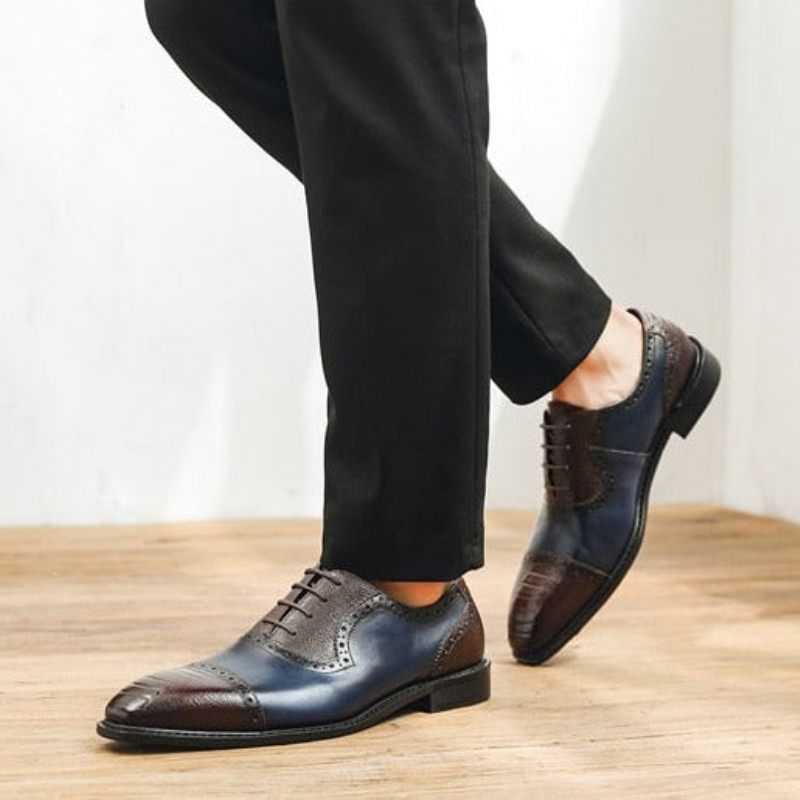 Sapatos Formais Masculinos Couro Com Bico Fino Oxford - Azul