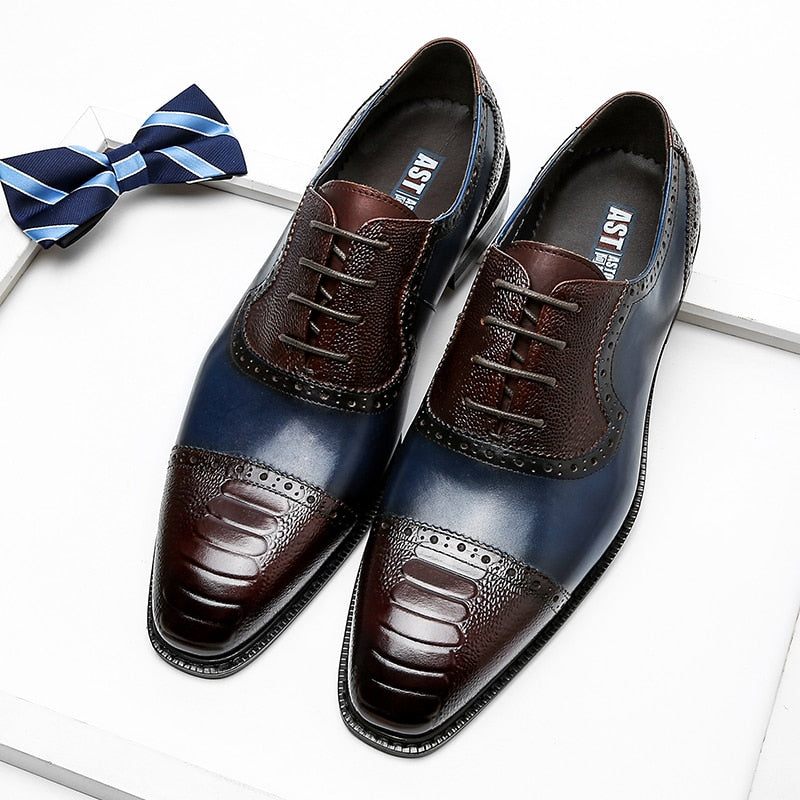 Sapatos Formais Masculinos Couro Com Bico Fino Oxford - Azul