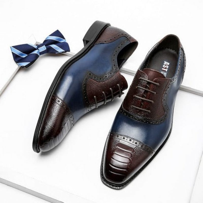 Sapatos Formais Masculinos Couro Com Bico Fino Oxford - Azul