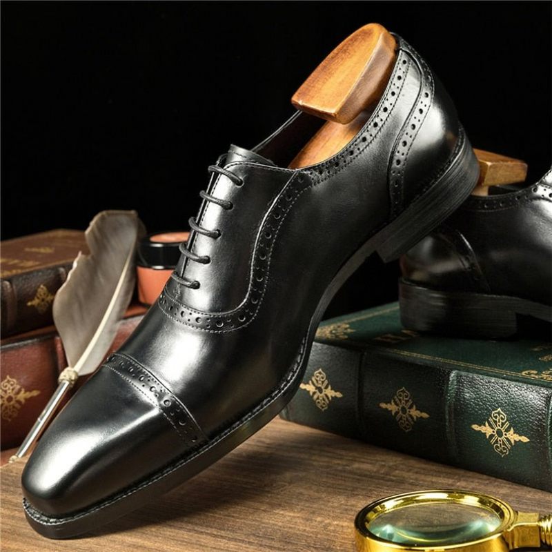 Sapatos Formais Masculinos Couro Com Cordões - Preto