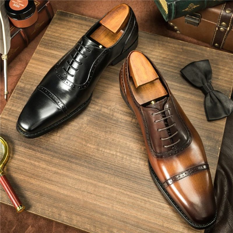 Sapatos Formais Masculinos Couro Com Cordões - Café