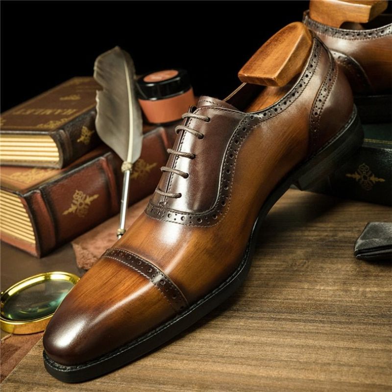 Sapatos Formais Masculinos Couro Com Cordões - Café