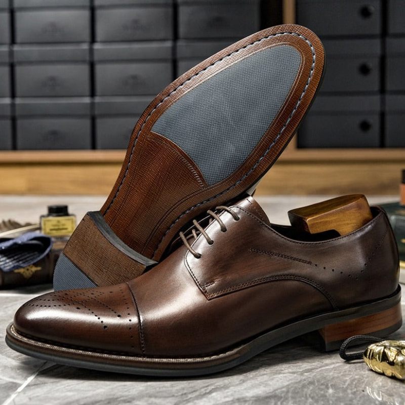 Sapatos Formais Masculinos Couro Com Cordões - Café