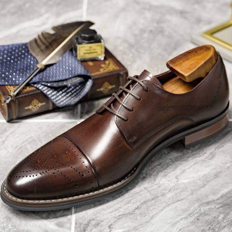 Sapatos Formais Masculinos Couro Com Cordões - Café