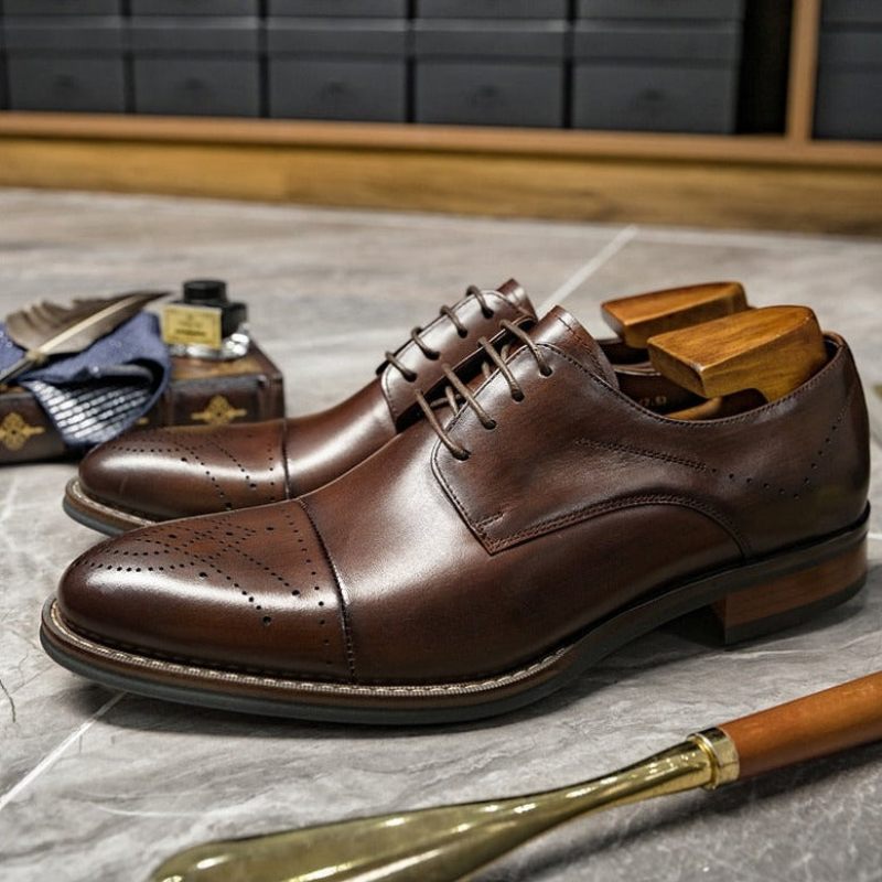 Sapatos Formais Masculinos Couro Com Cordões - Café