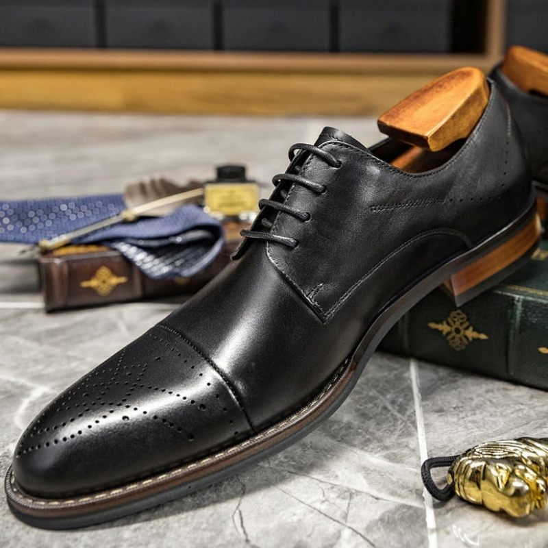 Sapatos Formais Masculinos Couro Com Cordões - Preto