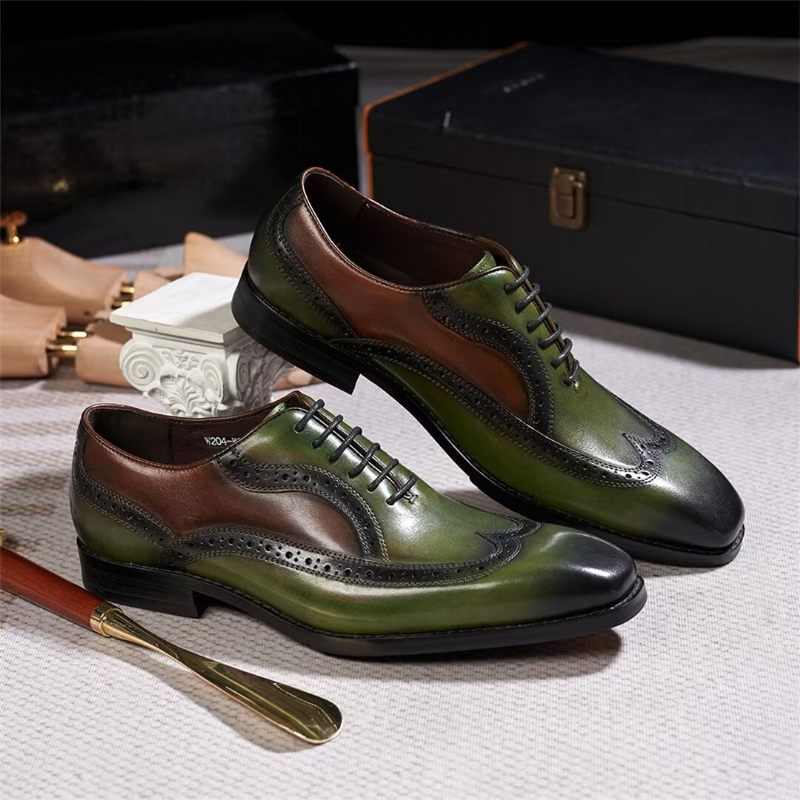 Sapatos Formais Masculinos Couro Com Cordões E Conforto Premium - Verde