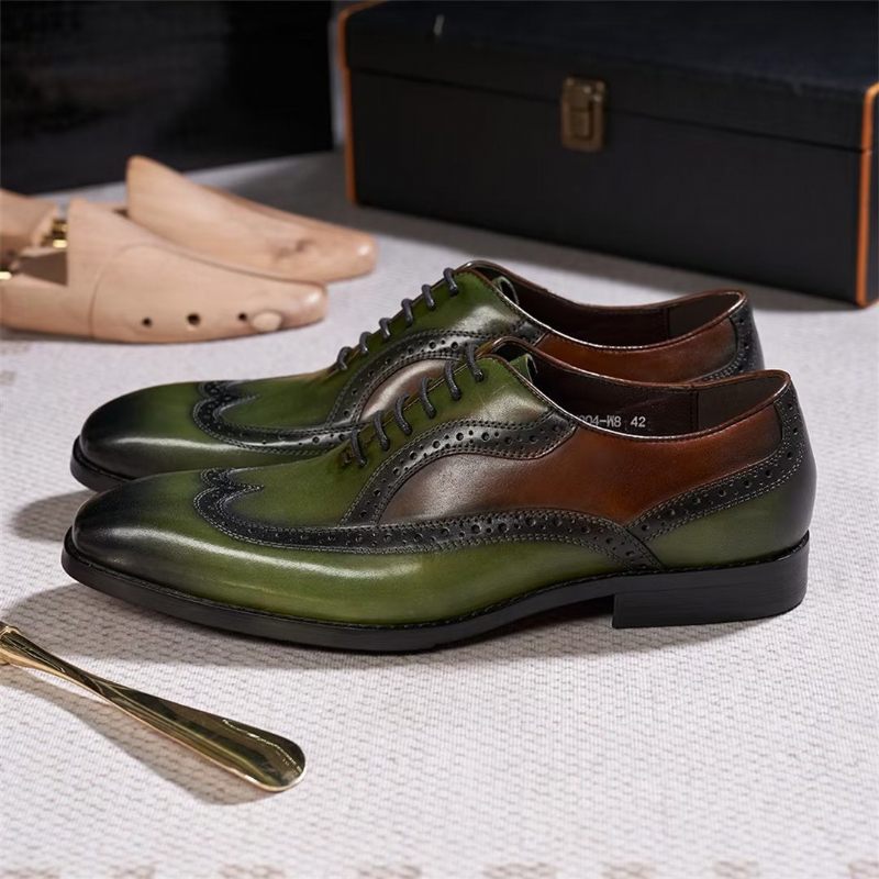 Sapatos Formais Masculinos Couro Com Cordões E Conforto Premium - Verde