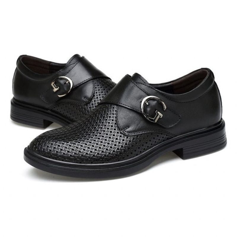 Sapatos Formais Masculinos Couro Com Padrão Jacaré E Fivela - Preto 1