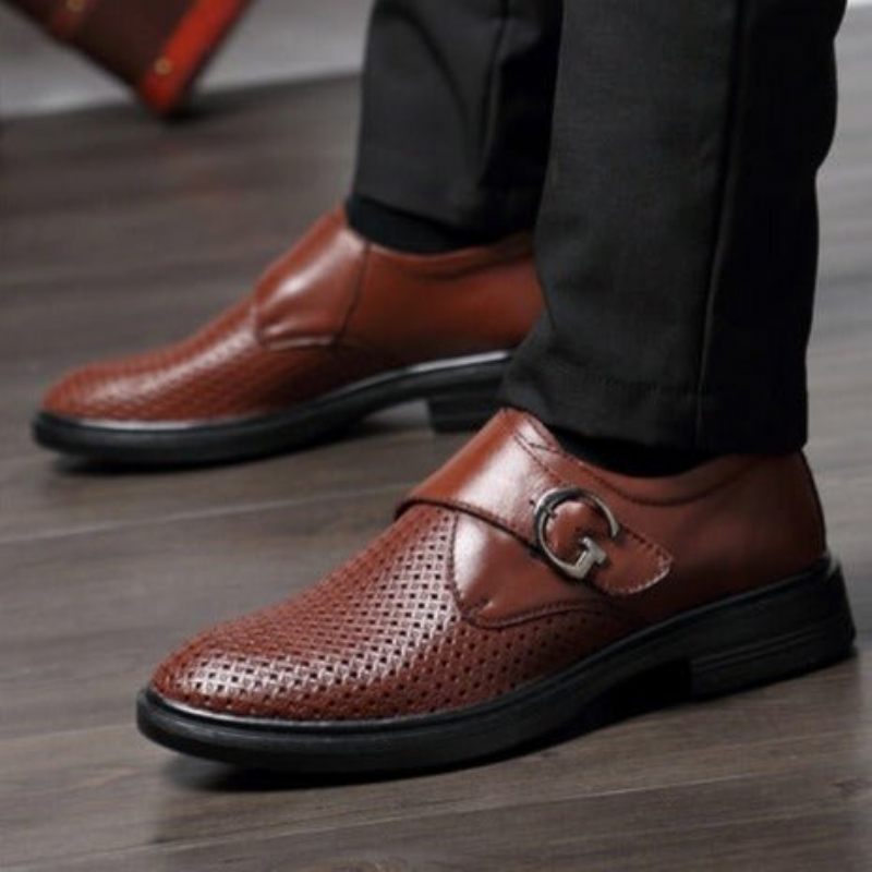 Sapatos Formais Masculinos Couro Com Padrão Jacaré E Fivela - Café 1