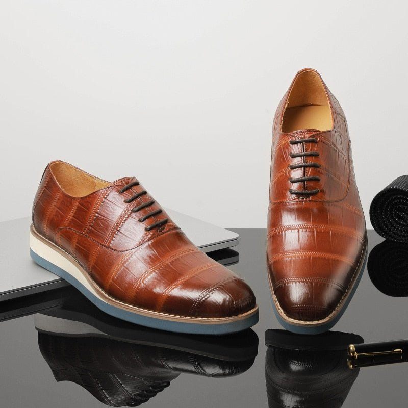 Sapatos Formais Masculinos Couro Com Plataforma Jacaré Brogue - Café