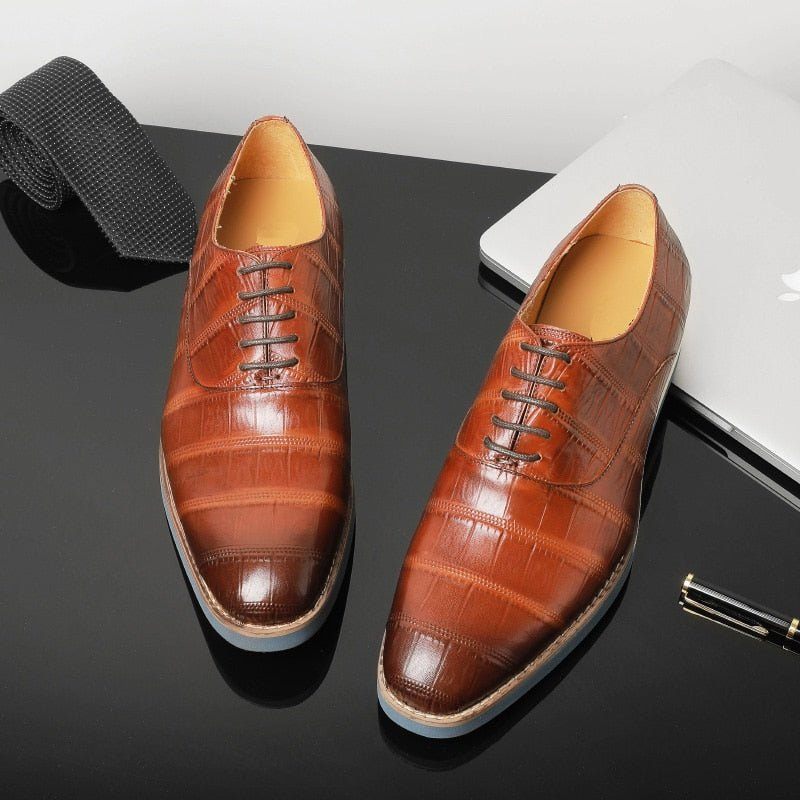 Sapatos Formais Masculinos Couro Com Plataforma Jacaré Brogue - Café