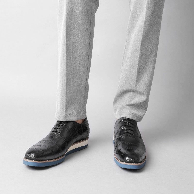 Sapatos Formais Masculinos Couro Com Plataforma Jacaré Brogue - Preto