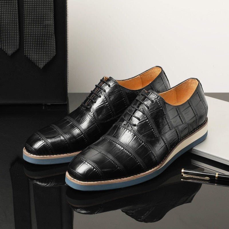 Sapatos Formais Masculinos Couro Com Plataforma Jacaré Brogue - Preto