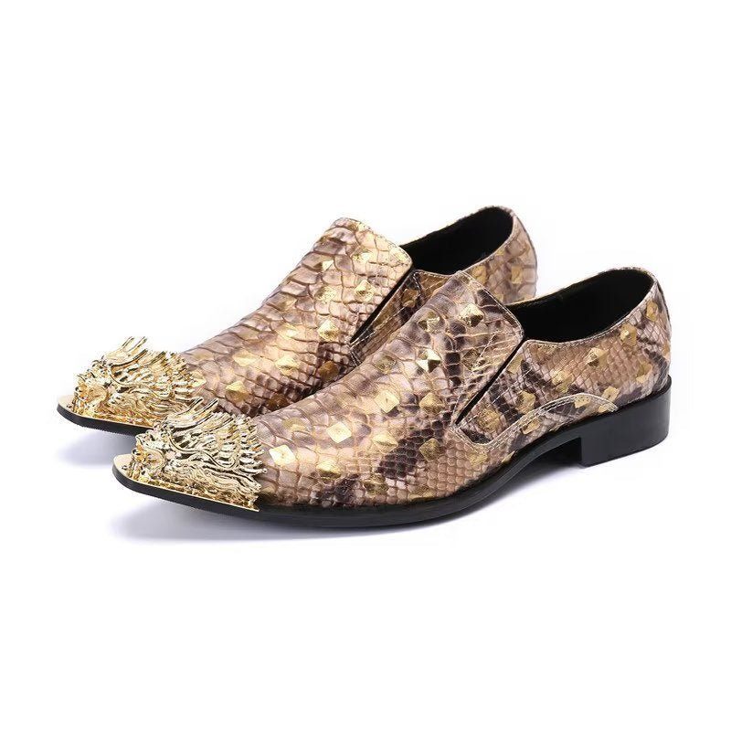 Sapatos Formais Masculinos Couro Crocodilo Elegância Deslizamento Em Sociais - Ouro